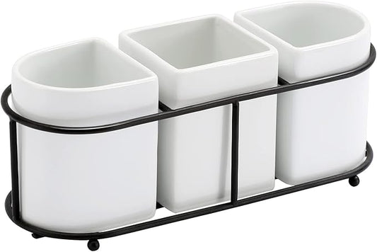 3 Piece Porcelain Flatware Holder Caddy with Metal Rack, Utensil Holder Caddy For Spoons, Knives and Forks Cutlery Organizer