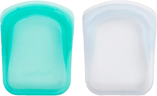 Stasher Re-Usable Food-Grade Platinum Silicone Pocket Bag for Eating from/Storing in/Organising/Travelling, 8.25 x 12.05 cm, Set of 2, Clear and Aqua