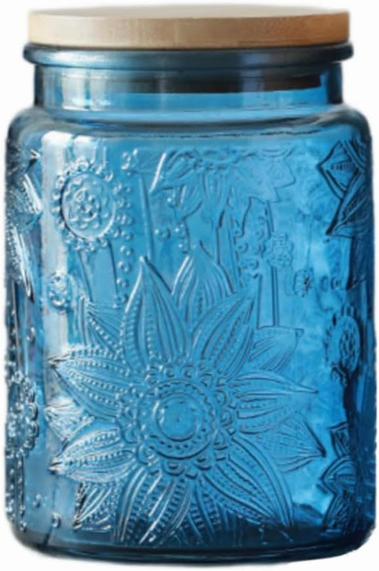 Vintage Glass Jar with Bamboo Lid, 23.7oz Blue Glass Jars, Decorative Mason Jar for Home Kitchen Storage Coffee Tea Sugar Candy Dish Cute Jar (Blue, 1Pack)