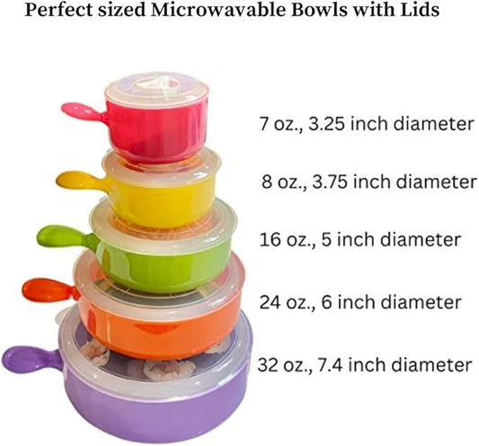 Evelots Microwave, Freezer Safe Bowls - 10 Piece Set - With Vented Lids and Handles - Soup Bowls, Ramen, Cookware, Food Container Microwave Safe - BPA Free Plastic