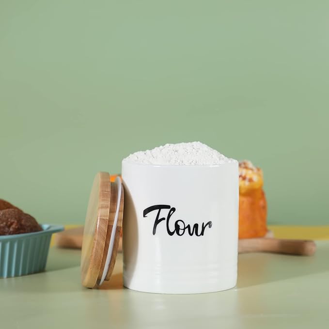 LEETOYI Porcelain Food Storage Containers with Lid, 4.5 Inch 31oz White, Labeled Flour