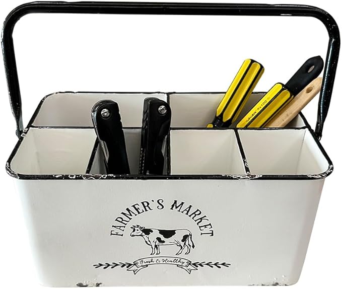 Distressed White, Portable Versatile Metal Storage Caddy Organizer with 6 Compartments & Handle - Perfect for Organizing Kitchen Utensils, Office Supplies, Bathroom Essentials & Bedroom Knick-Knacks