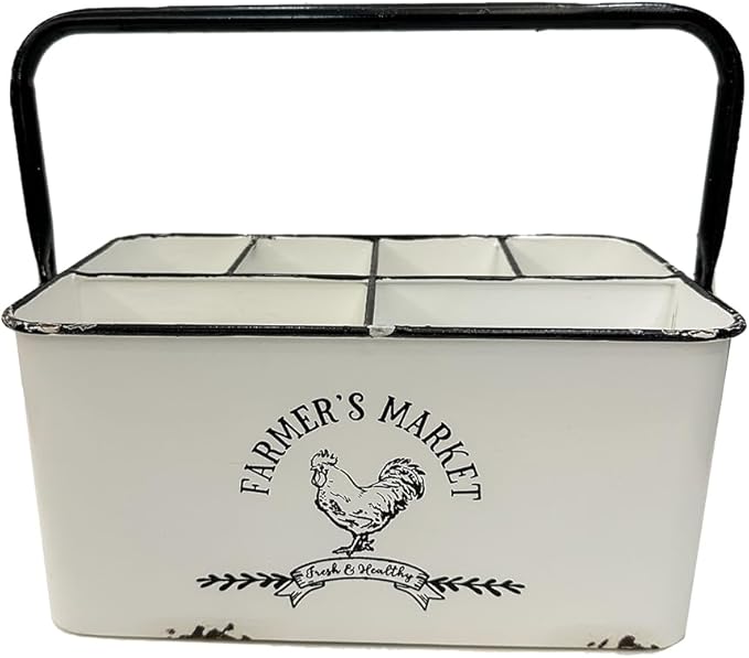 Distressed White, Portable Versatile Metal Storage Caddy Organizer with 6 Compartments & Handle - Perfect for Organizing Kitchen Utensils, Office Supplies, Bathroom Essentials & Bedroom Knick-Knacks