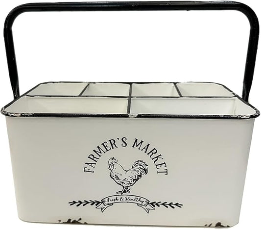 Distressed White, Portable Versatile Metal Storage Caddy Organizer with 6 Compartments & Handle - Perfect for Organizing Kitchen Utensils, Office Supplies, Bathroom Essentials & Bedroom Knick-Knacks
