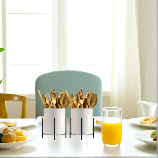 2pcs Cutlery Holder White Ceramic With Black Matte Bracket Robust Silverware Caddy For Store Forks, Knives, Spoons, Napkins, Medium