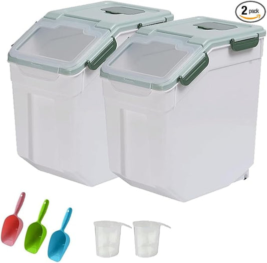 YXQ 25LB Large Flour Storage Container Bin ,2 Pack Airtight Plastic with Wheels Seal Locking Lid Dispenser Organizer Storage Bin with Measuring Cup & Scoop for Flour, Rice, Grain 50LBS Total