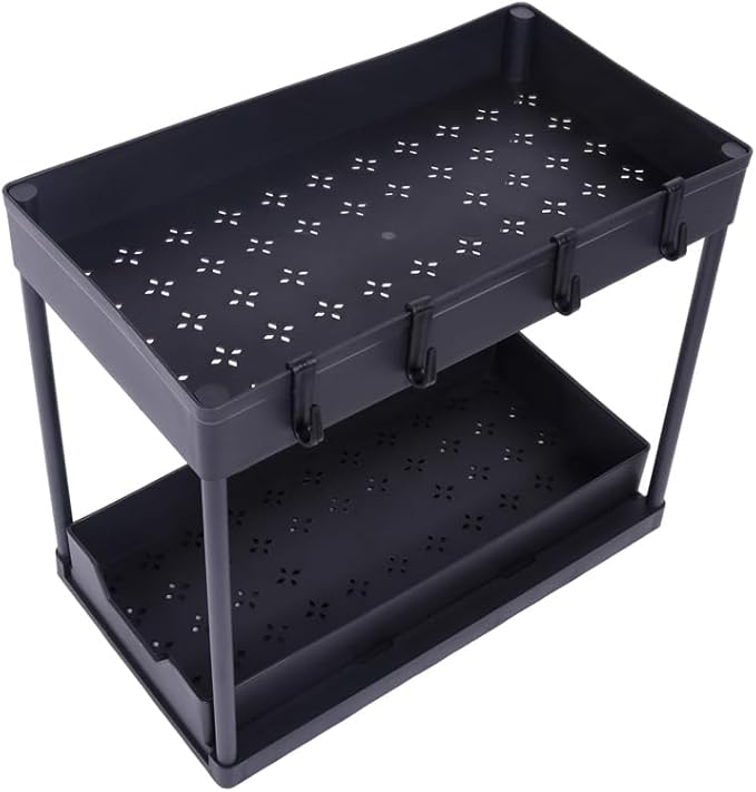 2PC Under Sink Organizer with Hanging Cups - 2 Tier Metal Under Sliding Cabinet Organizer Drawer with 4 Hooks for Bathroom Pantry Cabinet Rack Black