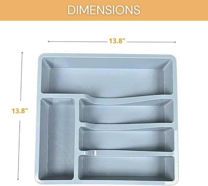 Silverware Organizer, Compact Cutlery Organizer, Large Kitchen Drawer Utensil Divider Tray, Holder Spoon Fork Flatware Storage 5 Compartment Wide Plasticware Draw (Grey) 13x14 inch