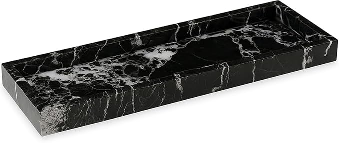 Bey-Berk Atticus Black Zebra Marble Vanity Tray – Handcrafted Stone Organizer for Bathroom Countertop Accessories