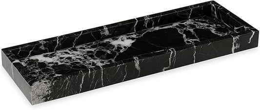 Bey-Berk Atticus Black Zebra Marble Vanity Tray – Handcrafted Stone Organizer for Bathroom Countertop Accessories
