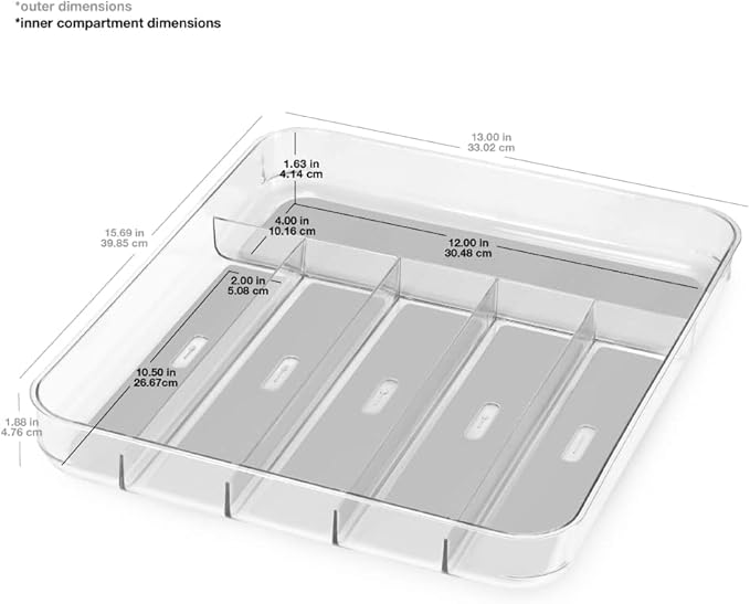 madesmart Silverware Tray - Large | Light Grey | Clear Soft Grip Collection | 6-compartment | Soft-grip Lining | Non-slip Feet | BPA-free