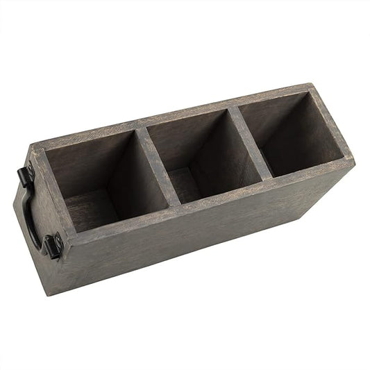 GoCraft 3-Compartment Flatware Caddy – Wooden Cutlery & Utensil Holder for Silverware, Tongs, Sauce Spoons, and More – Grey Washed Mango Wood with Metal Handles, Ideal for Kitchen & Dining Table