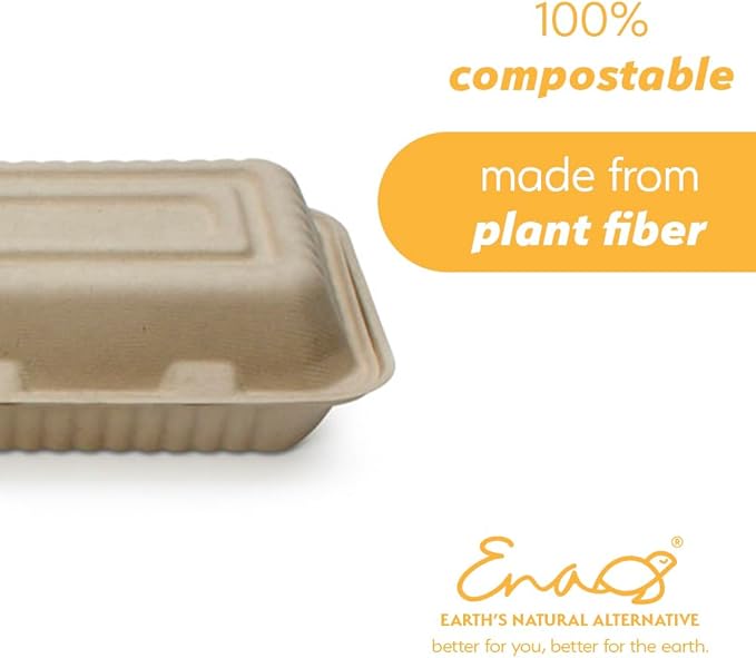 100% Compostable Disposable Food Containers with Lids [9”X6” 500 Pack] Eco-Friendly Take-Out TO-GO Containers, Heavy-Duty, Biodegradable, Unbleached by Earth's Natural Alternative
