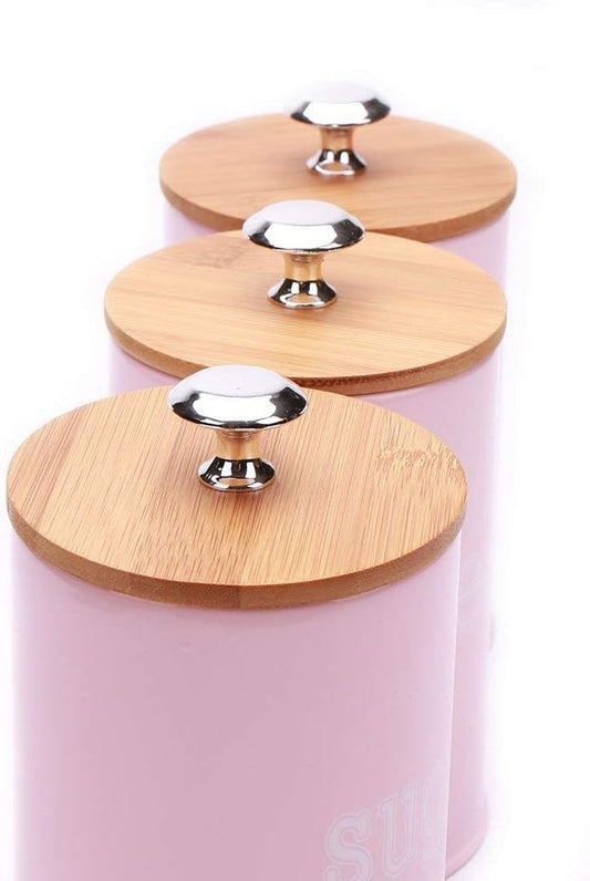 X022S Set of 3 Metal Food Storage Tin Canister/Jar with Bamboo Lid (matte pink)