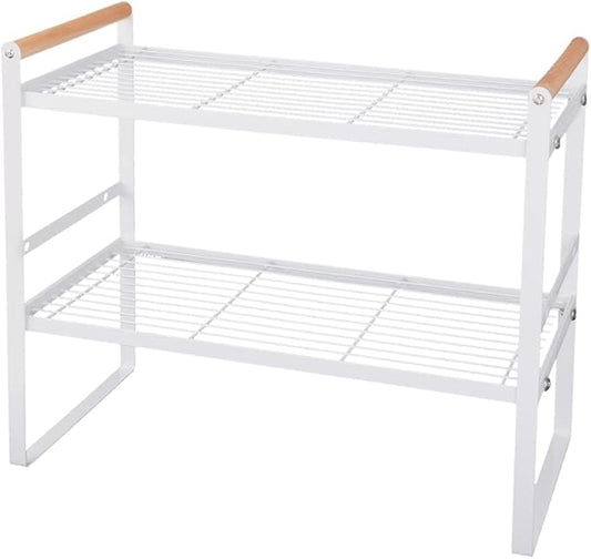 Kitchen Counter Shelf,Space Saving 2 Tier Cabinet Organizer Shelf with Wood Handle,Bathroom Countertop Shelves for Storage and Organization,16.1 x 8.3 x 12.8 Inches (White)