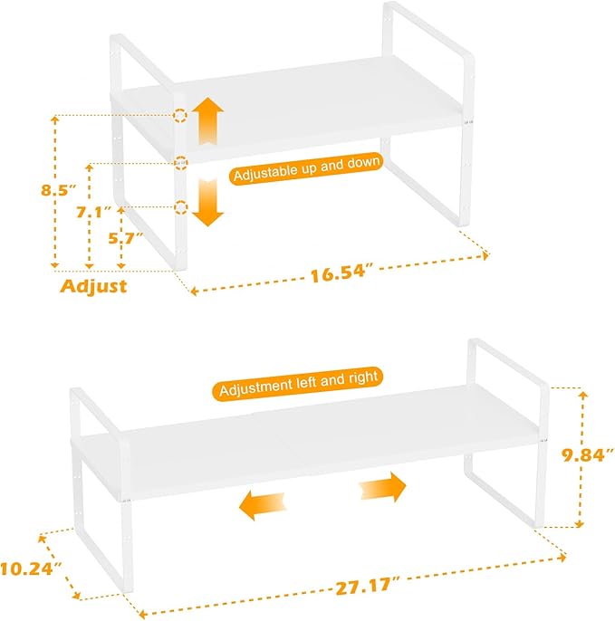 Slideep Expandable Counter Organizer Shelf, Stackable Cabinet Shelves Organizer Storage Rack Cupboard Stand Spice Rack for Kitchen Bathroom Pantry White -2 Set