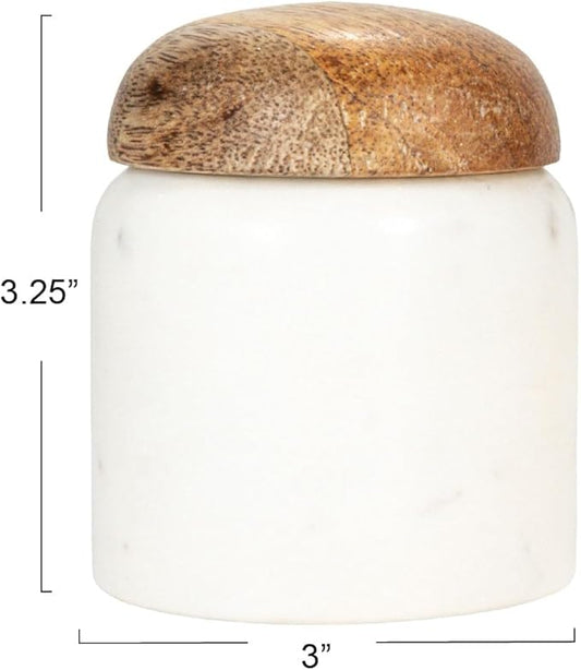 Creative Co-Op Marble and Mango Wood Pinch Pot with Lid, White and Natural