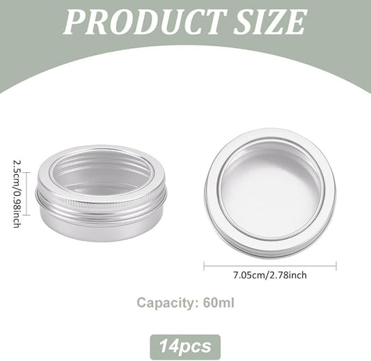 BENECREAT 14 Pack 2 OZ Tin Cans Screw Top Round Aluminum Cans Screw Lid Containers with Clear Window - Great for Store Spices, Candies, Tea or Gift Giving (Platinum)