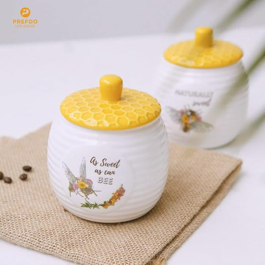 Ceramic Sugar Jar Sugar Bowl with Lid Kitchen Storage Canisters Honey Bee & Flower Pattern Candy Jar for Kitchen Counter Coffee Bar Party Table, 400ml/14oz