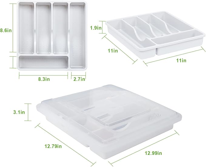 Silverware Organizer with Cover, Portable Cutlery Holder Flatware Tray with Lid Plastic Silverware Storage Box 5 Compartments for Kitchen Drawer (white)