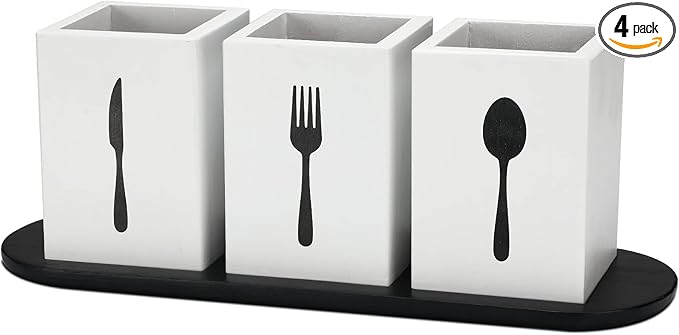 Kathfly 4 Pcs Silverware Caddy Utensil Holder for Countertop Silverware Organizer with Wood Tray Spoon Fork Holder 3. 15 x 3. 15 x 4. 53 Inches of Each Organizer for Kitchen Parties(White)