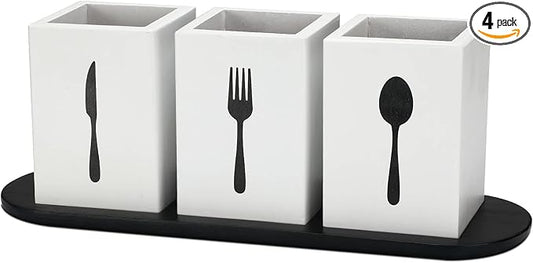 Kathfly 4 Pcs Silverware Caddy Utensil Holder for Countertop Silverware Organizer with Wood Tray Spoon Fork Holder 3. 15 x 3. 15 x 4. 53 Inches of Each Organizer for Kitchen Parties(White)