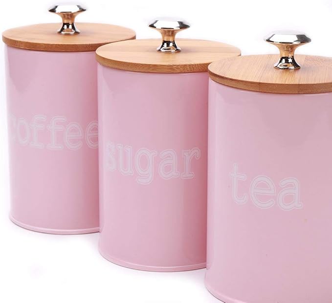 X022S Set of 3 Metal Food Storage Tin Canister/Jar with Bamboo Lid (matte pink)