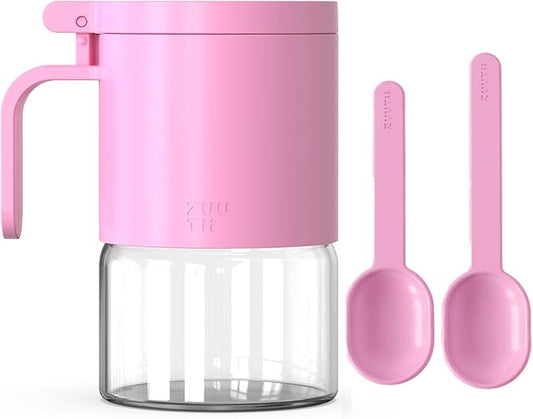 Zuutii Glass Spice Jars Moisture-Proof Spice Containers with Spoons, 10oz/300ml Spice Bottles, Mini Seasoning Container Storage Jars with Flapper Caps for Salt, Sugar, Peppers,(Pink)