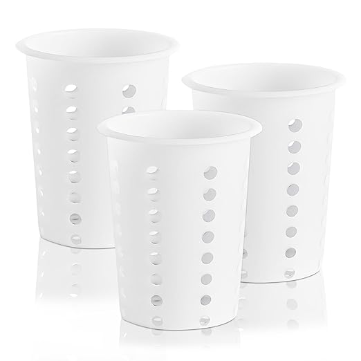 OCS Parts Perforated Utensil Drying Cups | White | Set of 3 | Plastic Flatware Holder Cylinders for Kitchen Counter Organization