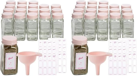 Paris Hilton Glass Spice Jar Storage Set, 4-Ounce Empty Spice Jars with Labels, Shaker Caps and Metal Lids, Collapsible Funnel Included, 20-Piece, Pink (Pack of 2)