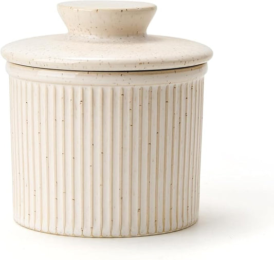 XELA Large Butter Crock with Lid for Countertop, The Original Reactive Glaze Butter Dish With Water Line, French Butter Dish for Spreadable Butter -Speckled White