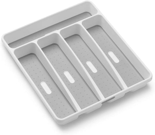 madesmart Premium Antimicrobial Classic Small Silverware Tray Soft Grip, Non-Slip Kitchen Drawer, 5 Compartments, Multi-Purpose Home Organization, EPA Certified, White