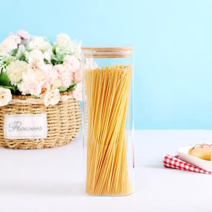 3 Pack Square Glass Kitchen Storage Jars with Airtight Bamboo Lids and 132 Pantry Labels - 80oz Glass Canisters with Wood Lids - Glass Food Storage Containers for Spaghetti, Pasta, Fettuccine