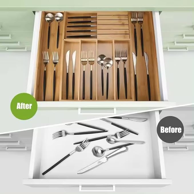 Bamboo Silverware Cutlery Drawer Organizer with Knife Blocks -Expandable Drawer Organizer with Dividers for Kitchen Utensil & Flatware Organizer (7 Slots)