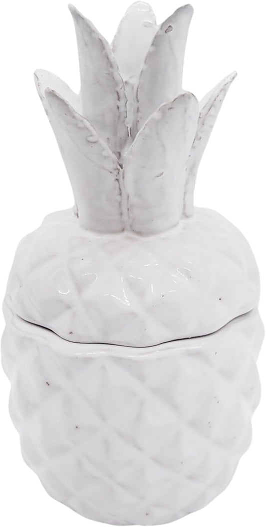 White Ceramic Pineapple Canister Storage Jar, Tropical Home Decor, Kitchen & Bar Accessory, 9.5 Inches