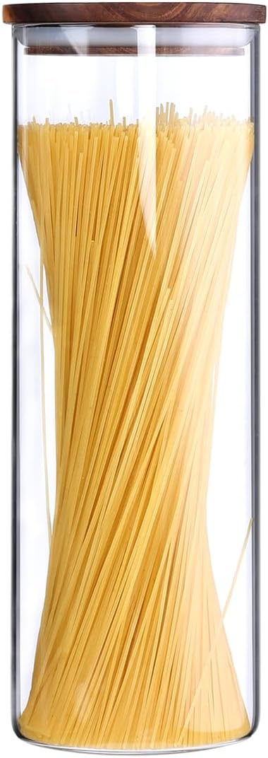 KKC HOME ACCENTS Tall Borosilicate Glass Spaghetti Storage Jar,Pasta Canister,Noodle Holder,Sealed Container with Wooden Lid,63 Fluid Ounces