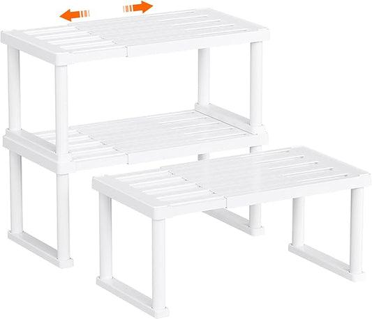 Lifewit Cabinet Shelf Organizer, Expandable Countertop Kitchen Shelves, Plastic Shelf Riser for Pantry Kitchen Storage and Spice Rack, Set of 3, White