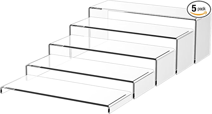 5-Pack Acrylic Spice Rack(10.8"~12.4"L), Seasoning Organizer with Non-Slide Silicone Pads, Clear Cabinet Organizer Shelf for Kitchen Countertop, Cupboard, Pantry, Shelf Riser Rack for Cans and Cups