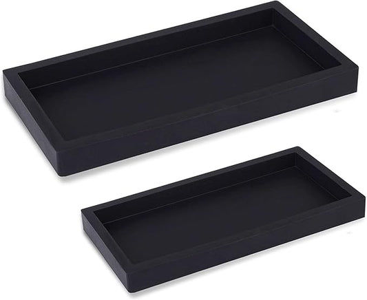 Silicone Bathroom Vanity Tray Rectangle Soap and Sponge Holder Kitchen Sink Organizer for Scrubber, Lotion Bottles, Perfume, Jewelry, Candle, Key Trinket Ring, 2 Pack, Black