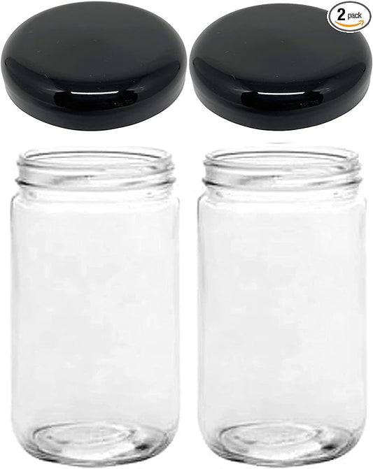 Jarming Collections Mason Jars - 32 oz Glass Storage Jars with Extra Wide Mouth Lids, BPA Free and Food Safe - Set of 2 with 2 Black Dome Plastic Lids