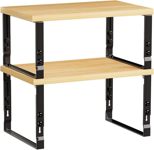 Cabinet Organizer Shelf, Spice Rack, Adjustable Height, Stackable and Nesting Shelves,Metal and Solid Wood, for Multiple scenarios in The Kitchen, Office or Closet (Black)