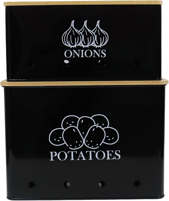 Potato Onion Kitchen Storage Canisters,Storage Bin For Kitchen 2 Pack Set,potatoe, Potato Storage Box，storage And Long Shelf Life With Aerating Tin Storage Holes-Black