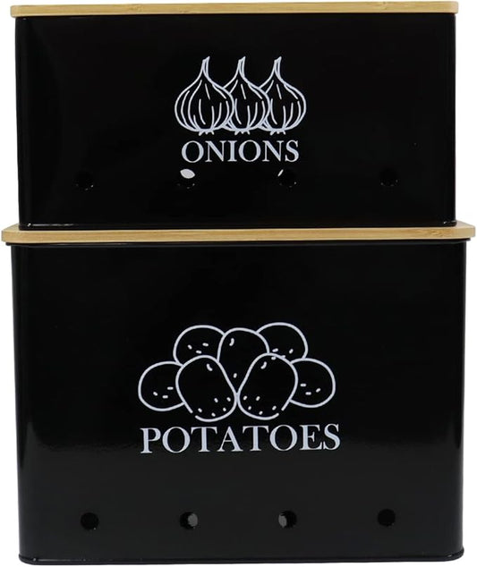 Potato Onion Kitchen Storage Canisters,Storage Bin For Kitchen 2 Pack Set,potatoe, Potato Storage Box，storage And Long Shelf Life With Aerating Tin Storage Holes-Black