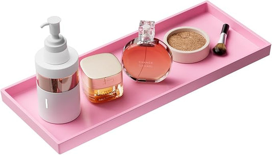 Vanity and Bathroom Tray, 15" ABS Countertop Organizer,Waterproof Vanity Tray for Toilet Tank,Perfume,Soap,Keys,Bathroom Accessories,Kitchen and Bath Trays,Non Slip Small Trays,Pink