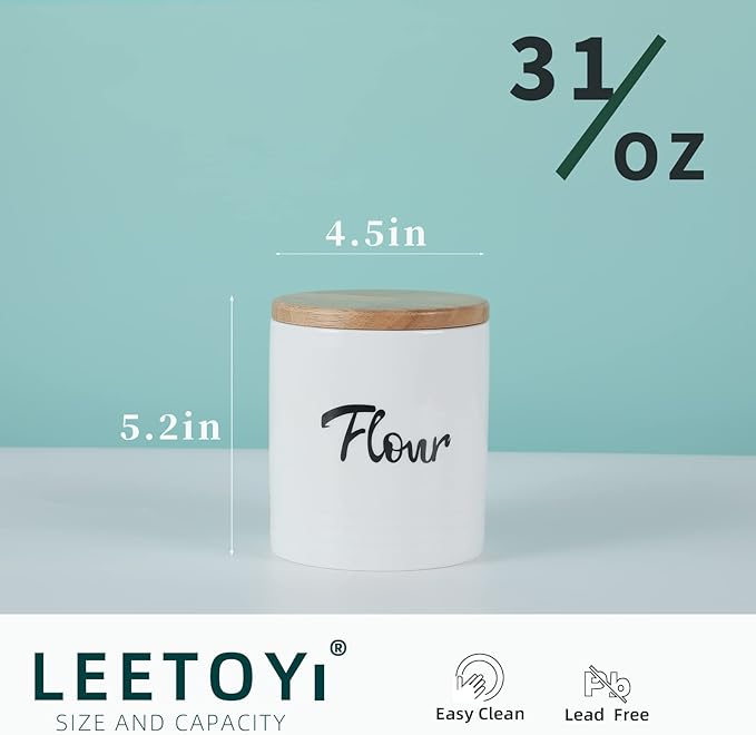 LEETOYI Porcelain Food Storage Containers with Lid, 4.5 Inch 31oz White, Labeled Flour