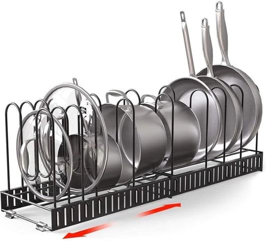 Pot and Pan organizer:Dipped Pan Organizer Rack for Kitchen Cabinet Organizers and Storage with 12 Adjustable Dividers and Anti-scratch Strip,Expandable Pans and Pots Lid Organizer Rack for Cabinet