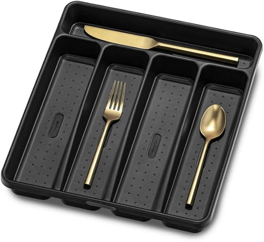 madesmart Premium Antimicrobial Classic Small Silverware Tray Soft Grip, Non-Slip Kitchen Drawer, 5 Compartments, Multi-Purpose Home Organization, EPA Certified, Carbon