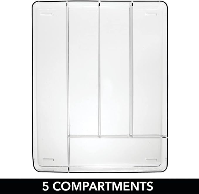 mDesign Plastic Kitchen Cabinet Drawer Storage Organizer Tray - for Storing Organizing Cutlery, Spoons, Cooking Utensils, Gadgets - 5 Divided Compartments - Clear