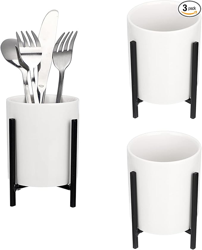 JUXYES Pack of 3 Ceramic Silverware Holder For Party Table, White Cutlery Holder Holder With Black Metal Bracket, Small Flatware Caddy Organizer Utensil Holder Organizer for Kitchen Dining Tables