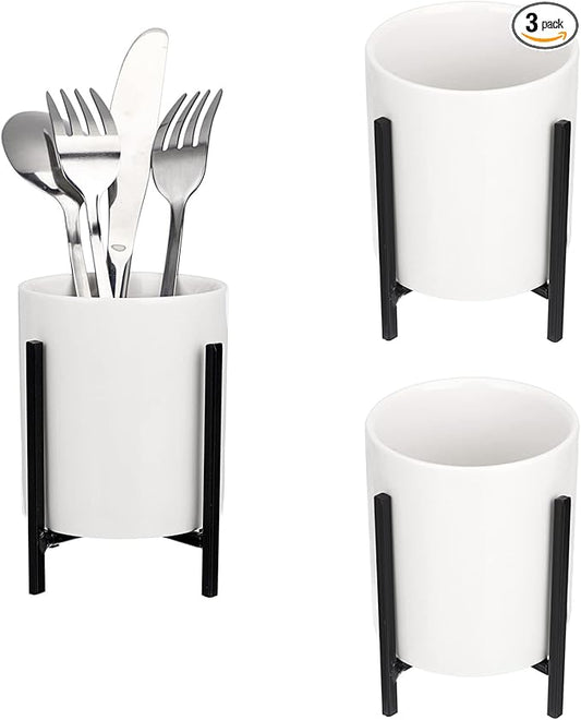 JUXYES Pack of 3 Ceramic Silverware Holder For Party Table, White Cutlery Holder Holder With Black Metal Bracket, Small Flatware Caddy Organizer Utensil Holder Organizer for Kitchen Dining Tables